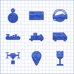 Poster - Set Delivery truck with cardboard boxes, Fragile broken glass symbol, cargo vehicle, drone the package, Cargo ship delivery service, Support operator in touch and icon. Vector