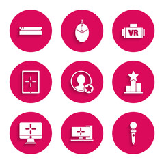 Poster - Set Premium create account screen, Computer monitor, Joystick for arcade machine, Star, Tablet, Virtual reality glasses and Video game console icon. Vector