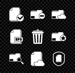 Sticker - Set Document and check mark, folder with minus, Cloud storage text document, Search concept, protection, EPS file and Trash can icon. Vector