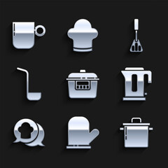 Wall Mural - Set Slow cooker, Oven glove, Cooking pot, Electric kettle, Chef hat speech bubble, Kitchen ladle, Spatula and Coffee cup icon. Vector