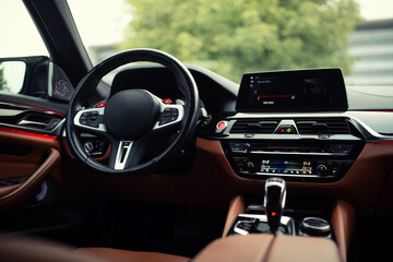 Sticker - Modern supercar interior with leather panel, sport seats, multimedia and digital dashboard