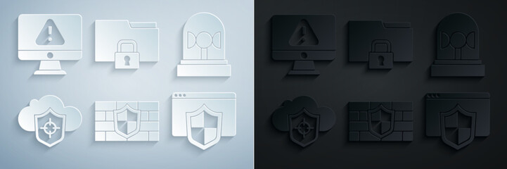 Canvas Print - Set Shield with brick wall, Flasher siren, Cloud and shield, Browser, Folder lock and Monitor exclamation mark icon. Vector