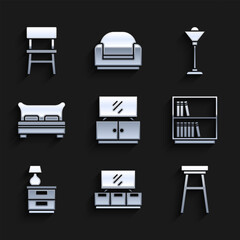 Poster - Set TV table stand, Chair, Library bookshelf, Furniture nightstand with lamp, Big bed, Floor and icon. Vector