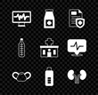 Set Monitor with cardiogram, Medicine bottle and pills, Patient record, Medical protective mask, Digital thermometer, Human kidneys, and Hospital building icon. Vector