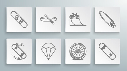 Canvas Print - Set line Skateboard trick, Rafting boat, Parachute, Bicycle wheel, on street ramp, Surfboard and Snowboard icon. Vector