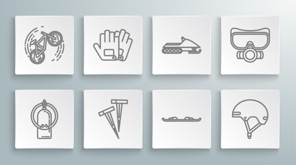 Canvas Print - Set line Aqualung, Gloves, Pegs for tents, Snowboard, Helmet, Snowmobile, Diving mask and Bicycle trick icon. Vector