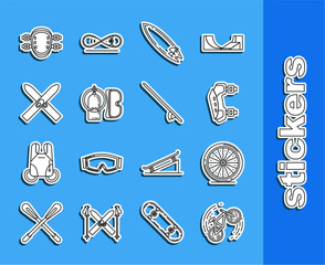 Poster - Set line Bicycle trick, wheel, Knee pads, Surfboard, Diving mask and aqualung, Ski sticks, and icon. Vector