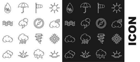 Sticker - Set line Sunrise, Snowflake, Rainbow with clouds, Cone meteorology windsock wind vane, Storm, Waves, Water drop percentage and Wind rose icon. Vector