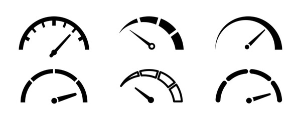 Set of speedometer vector icons. Dashboard on car. Speed level. Fast speed. Vector 10 Eps.