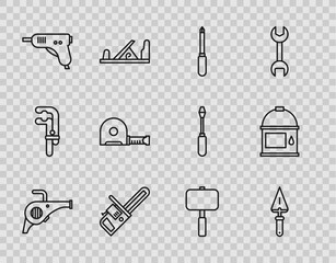 Sticker - Set line Leaf garden blower, Trowel, Screwdriver, Chainsaw, Electric hot glue gun, Roulette construction, Sledgehammer and Paint bucket icon. Vector