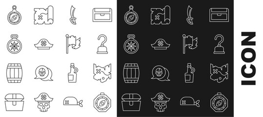 Wall Mural - Set line Compass, Pirate treasure map, hook, sword, hat, and flag icon. Vector