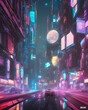 Ilustración de paisaje nocturno urbano ciberpunk