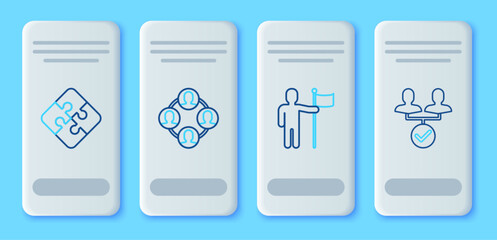 Poster - Set line Project team base, Man holding flag, Piece of puzzle and icon. Vector