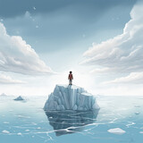 Fototapeta  - homme seul sur un iceberg en mer, concept du changement climatique, concept du réchauffement climatique - IA Generative