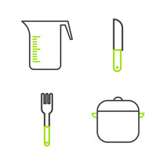 Sticker - Set line Cooking pot, Fork, Knife and Measuring cup icon. Vector