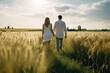 young couple in love walking on Grain field