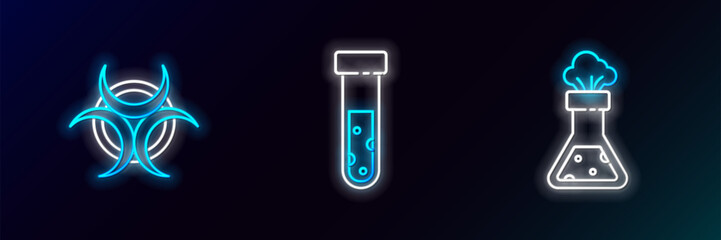 Poster - Set line Test tube and flask chemical, Biohazard symbol and icon. Glowing neon. Vector