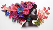 International Women's Day, 8 march background, Women's profile with flowers in applique style on white background, Beautiful african american woman in flowers, Happy Women's Day.