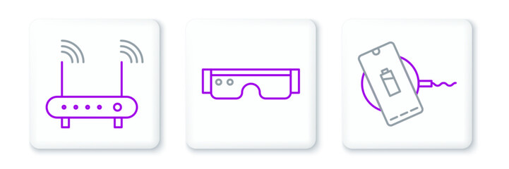 Poster - Set line Wireless charger, Router and wi-fi signal and Smart glasses icon. Vector