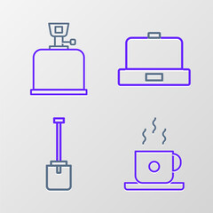 Poster - Set line Coffee cup, Shovel, Beanie hat and Camping gas stove icon. Vector