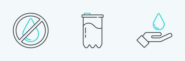 Sticker - Set line Washing hands with soap, Water drop forbidden and filter cartridge icon. Vector