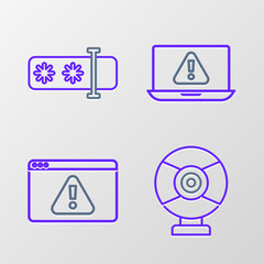 Poster - Set line Security camera, Browser with exclamation mark, Laptop and Password protection icon. Vector