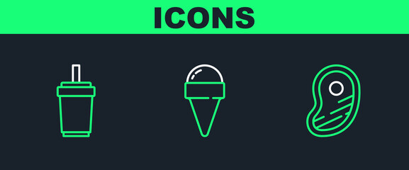 Sticker - Set line Steak meat, Paper glass with straw and Ice cream in waffle cone icon. Vector