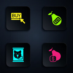 Poster - Set Price tag for pear, Buy button, Canned food and Healthy organic. Black square button. Vector