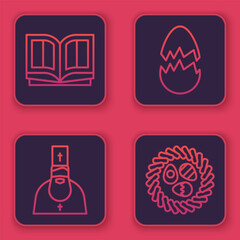 Sticker - Set line Holy bible book, Priest, Broken egg and Easter egg in a wicker nest. Blue square button. Vector