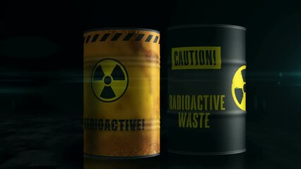 Wall Mural - Nuclear radioactive waste barrels in row concept. Danger radiation pollution industrial metal containers.
