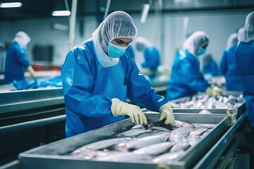 Wall Mural - Fish processing plant. Production Line. People sort the fish moving along the conveyor. Sorting and preparation of fish. Production of canned fish. modern food industry.