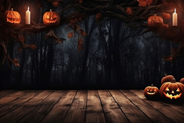 Canvas Print - Halloween pumpkins near a tree in a cemetery with a scary house. Halloween background at night forest with moon and bats.