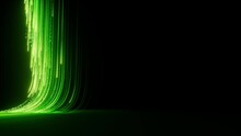 Abstract Background Of Bright Green Neon Rays And Glowing Lines Flow Down, Move From Right To The Left And Disappear. Looping Animated Background. Speed Of Light. Seamless Loop Animation