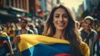 Colombian woman with colombian flag on him on the street