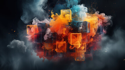 Wall Mural - 3d illustration of abstract cube made of cubes with smoke on dark background. generative ai