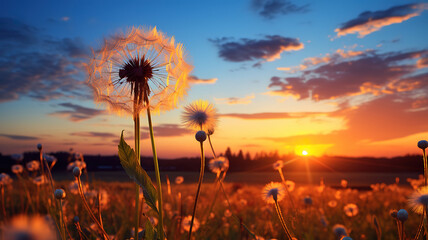 Wall Mural - Huge and big dandelion in the sun on a sunny day in the golden hour of the sunset. Generative Ai