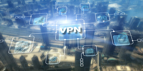 VPN Virtual Private network protocol. Business, Technology, Internet. Cyber security and privacy connection on city background