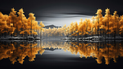 Wall Mural - Modern canvas art with golden yellow forest on dark background. Generative Ai