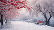 Winter city park at snowfall with red wild apple tree with bench. Generative Ai