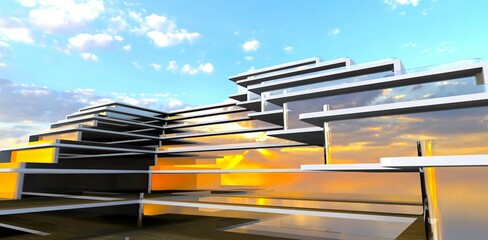 Wall Mural - Sun shining through clouds reflected on glass exterior of the contemporary mansion in Arizona. 3d rendering.