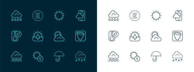 Canvas Print - Set line Weather forecast app, Sun, and cloud weather, Umbrella, Sunrise, Cloud with rain and Compass west icon. Vector