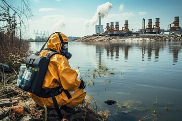 Wall Mural - Lab worker checks the level of pollution in water and soil near a chemical plant. Pollution control to improve the operation of wastewater treatment plants in modern factories and enterprises.