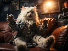Heavy Metal Persian Cat In Leather Jacket, Rocking Out To Alternative Music On Red Leather Couch, White Kitty, Urban Pets