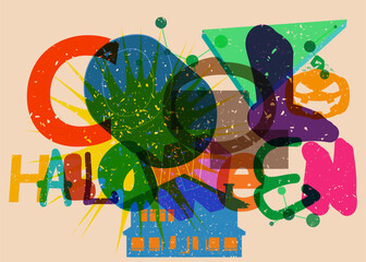 Aufkleber - Risograph Cool Halloween word with geometric shapes. Holiday in trendy riso graph design.