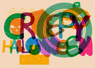 Aufkleber - Risograph Creepy Halloween word with geometric shapes. Holiday in trendy riso graph design.
