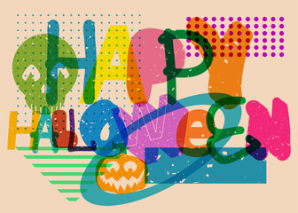 Aufkleber - Risograph Happy Halloween word with geometric shapes. Holiday in trendy riso graph design.