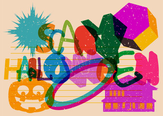 Aufkleber - Risograph Scary Halloween word with geometric shapes. Holiday in trendy riso graph design.