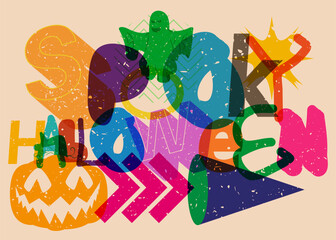 Aufkleber - Risograph Spooky Halloween word with geometric shapes. Holiday in trendy riso graph design.
