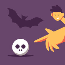 A Boy Points His Finger At A Skull On A Dark Purple Background With A Silhouette Of A Bat. Flat Vector Illustration In Cartoon Style. Halloween 2023 Celebration Concept.