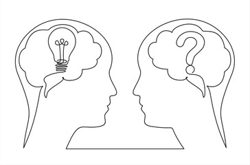 Aufkleber - Head mind people with light bulb  and question thinking brain, continuous line. Question and answer, solving problem or business solution, FAQ concept.